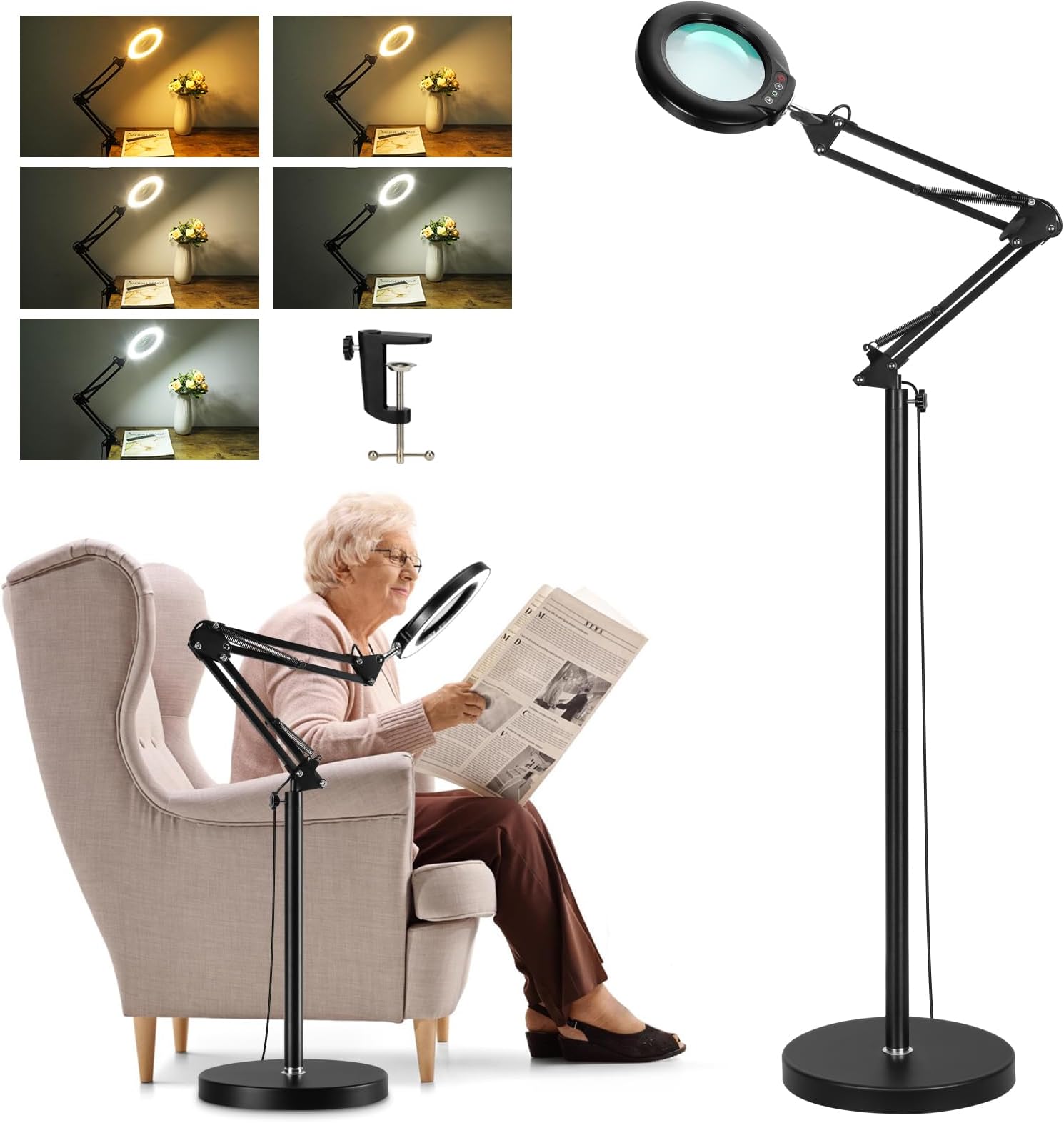 TOMSOO 3-in-1 Magnifying Glass Floor Lamp with Clamp, White/Warm White ...