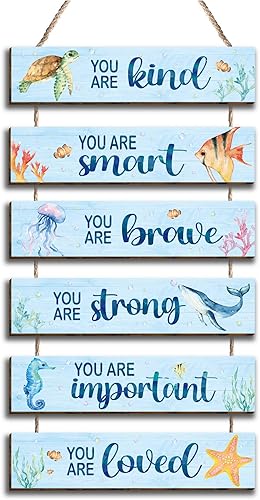 Miniatura 7 de 6 piezas de decoración de océano para habitación de niños, letrero colgante con acuarela, océano, citas positivas inspiradoras, decoración de pared