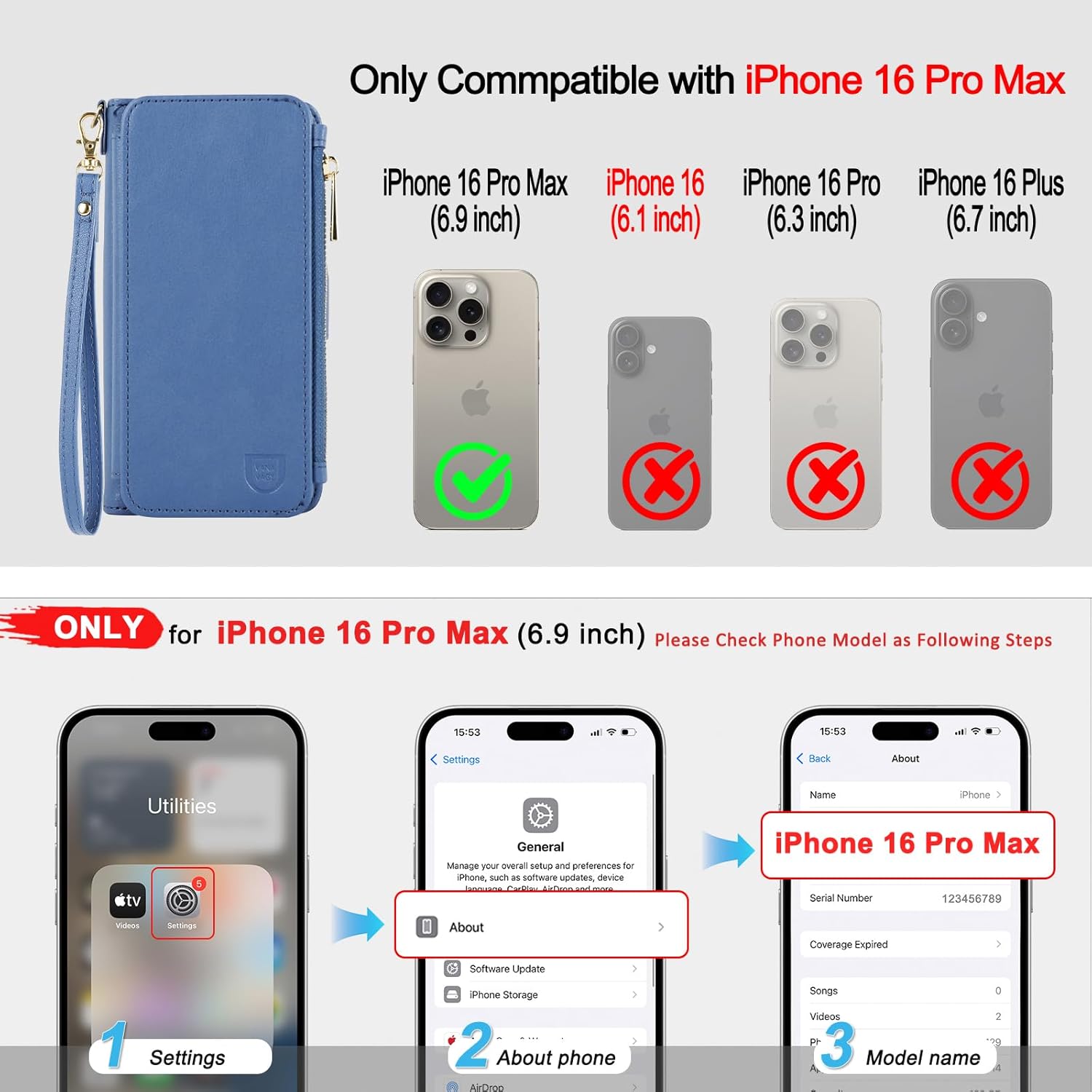 VANAVAGY Compatible for iPhone 16 Pro Max Detachable Wallet Case with RFID Blocking Card Holder for Magsafe, PU Leather Magnetic Snap Wallet Phone Case with Kickstand for 16 promax 6.9inch,Blue