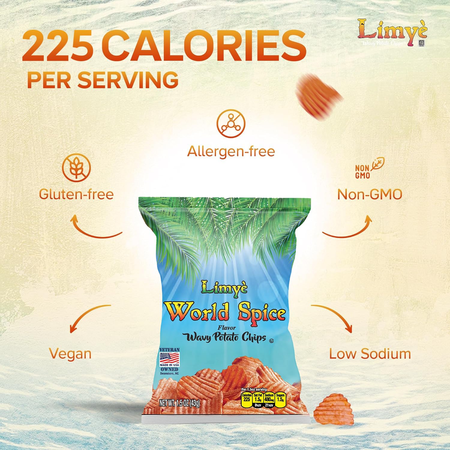 Limyè Potato Chips, World Spice Flavor, Kosher Certified, Allergen Free Vegan potato chips, 1.5 Oz (24 Pack)