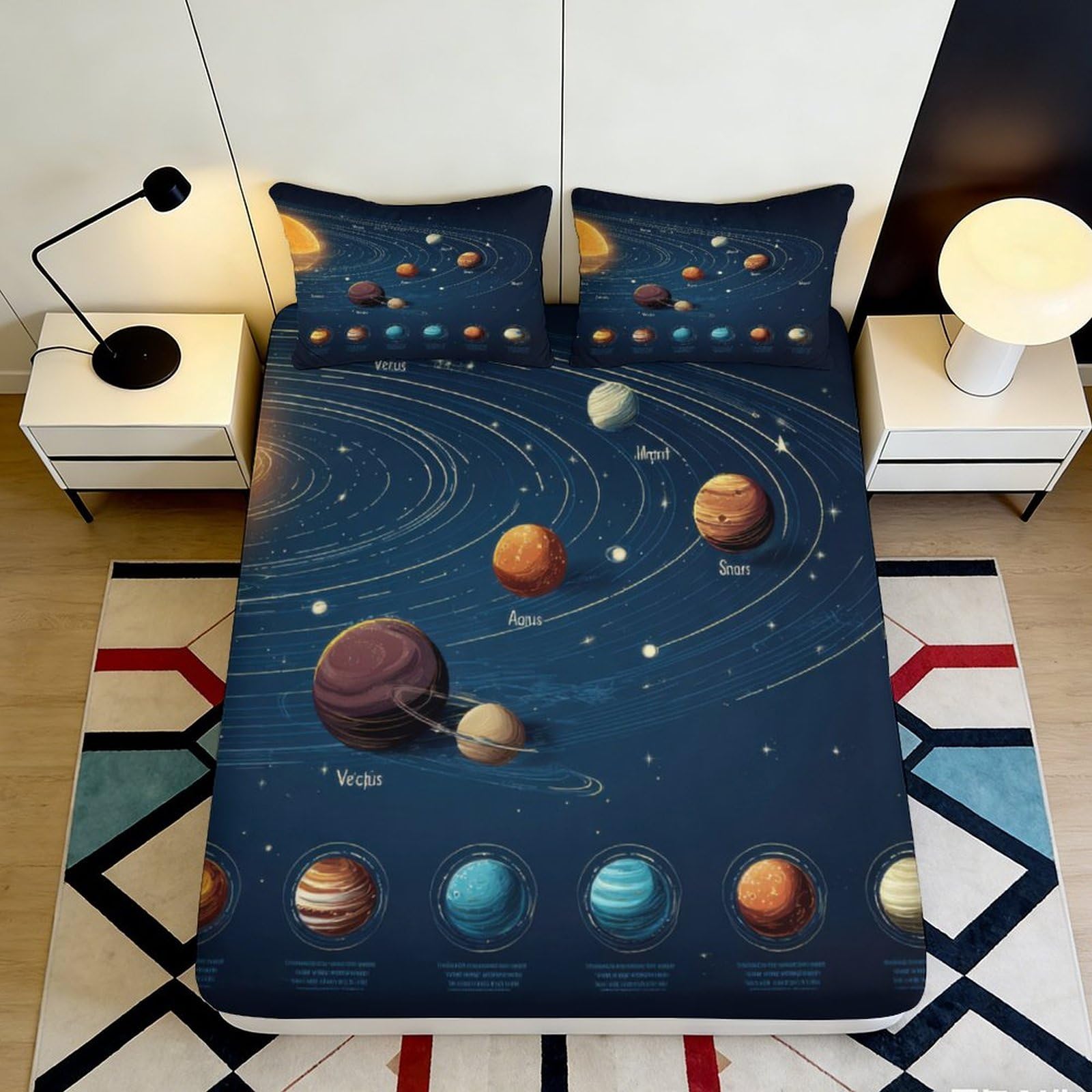 3D Printed Solar System Fitted Sheet Microfiber Soft Durable Planet Pattern Bed Cover for Bedroom Dormitory Guest Room Mattress Protection 160x200x25cm