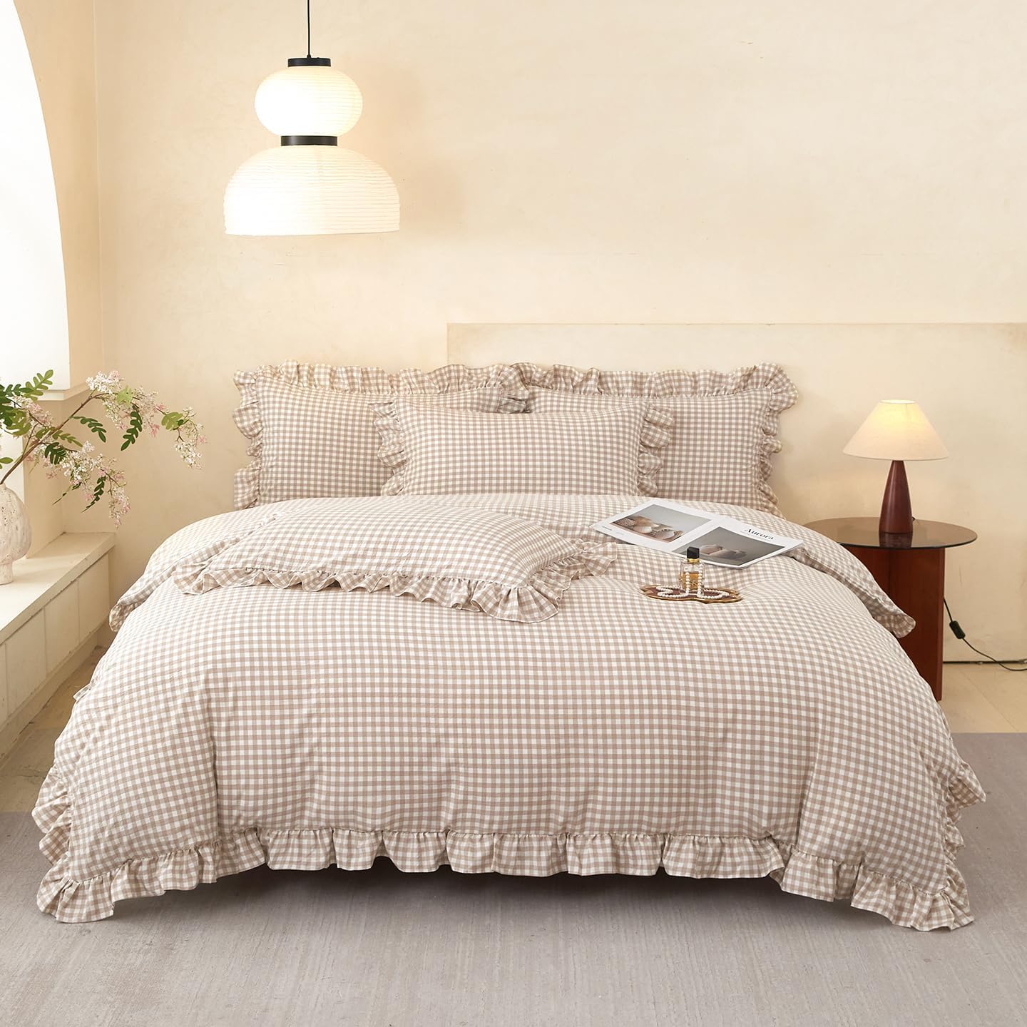 MOOWOO Gingham Ruffle Duvet Cover King Size, Tan Bedding, Farmhouse French Country Style for Bed Decor, 3PCS - Duvet Cover 104x90 Inch and 2 Pillowcases, Vintage Shabby Chic Plaid Checkered