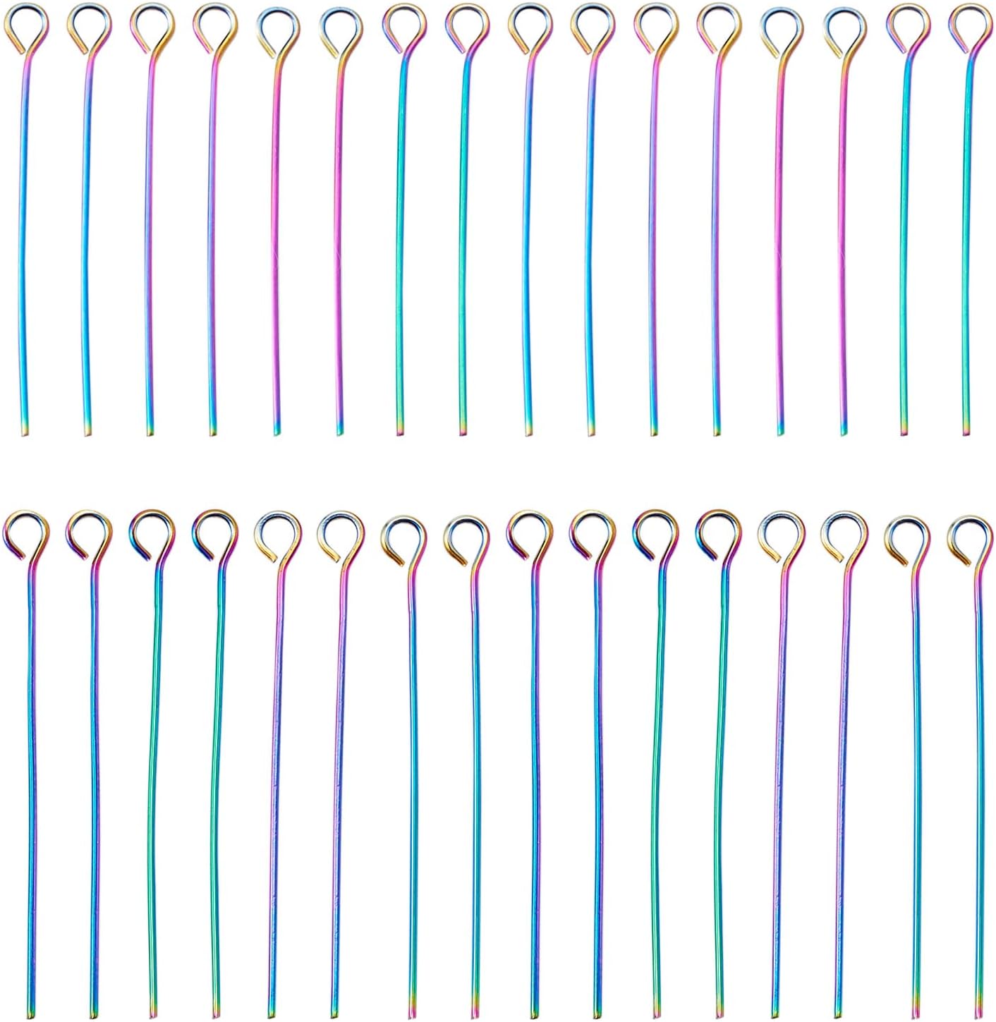 Pandahall 100pcs Rainbow Color 304 Stainless Steel Eye Pins 30mm/35mm Open Eye Pins for Charm Beads DIY Earring Jewelry Making
