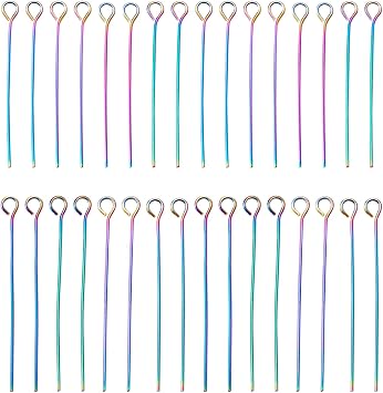 Pandahall 100pcs Rainbow Color 304 Stainless Steel Eye Pins 30mm/35mm Open Eye Pins for Charm Beads DIY Earring Jewelry Making
