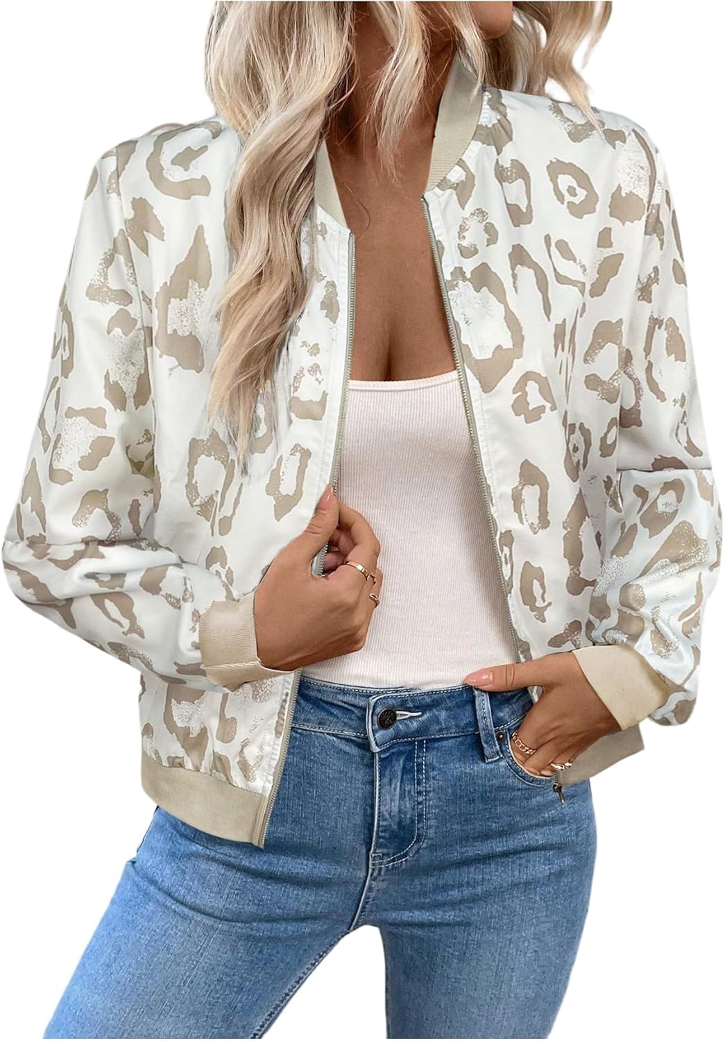 GORGLITTER Women's Leopard Print Light Jackets Zipper Bomber Jacket Cheetah Long Sleeve Coats Outwear