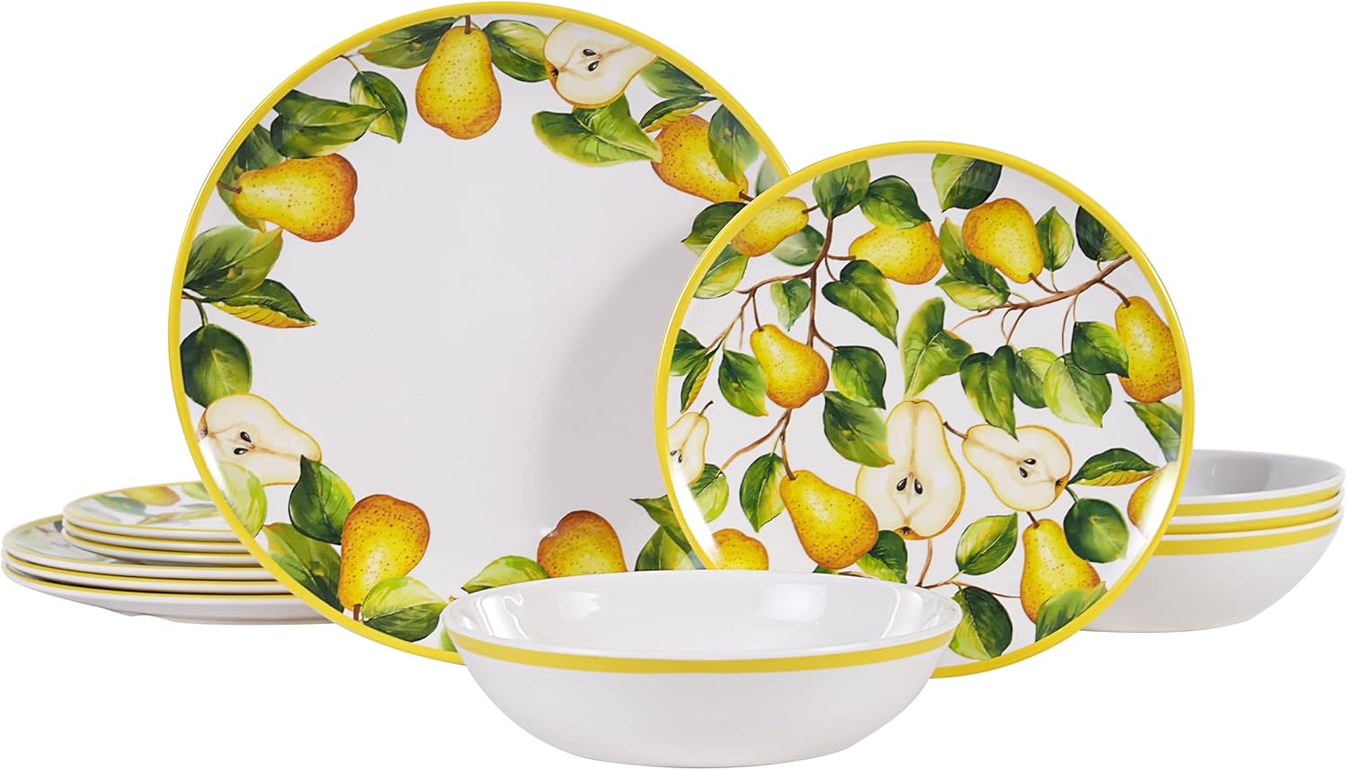 Pear Floral Dinnerware Set 12 Piece, Melamine Camping Dish Set with 4 Dinner Plates, 4 Salad Plates & 4 Soup Bowls – Holiday Dinnerware Unbreakable Fruit Flower Dishwasher Safe (Yellow Green)