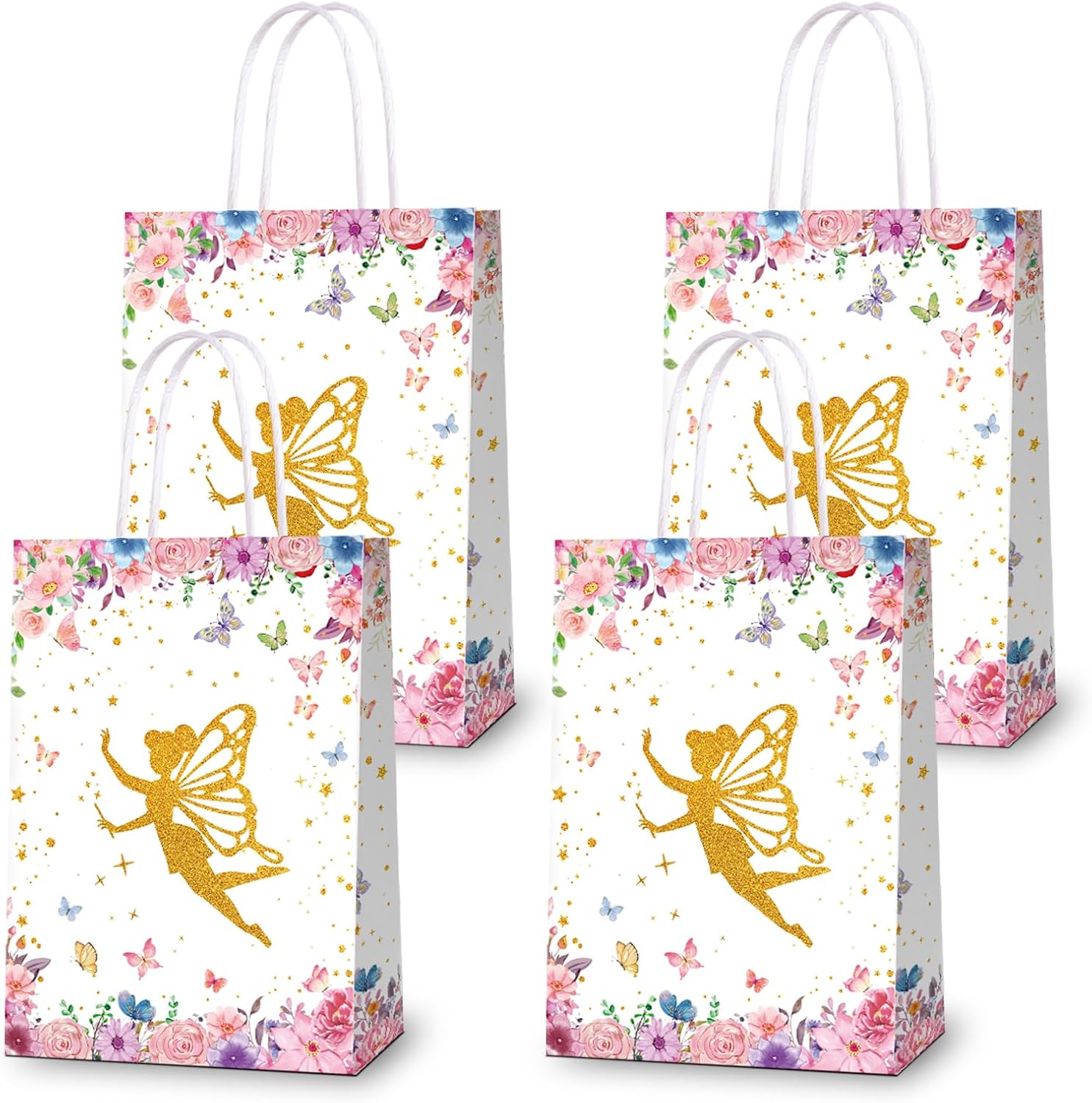 KERINGO 16 PCS Floral Fairy Party Decorations for Floral Fairy Print Party Favors Bags for Pink and Purple Floral Fairy Themed Goodie Party Bags for Floral Fairy Birthday Party Supplies