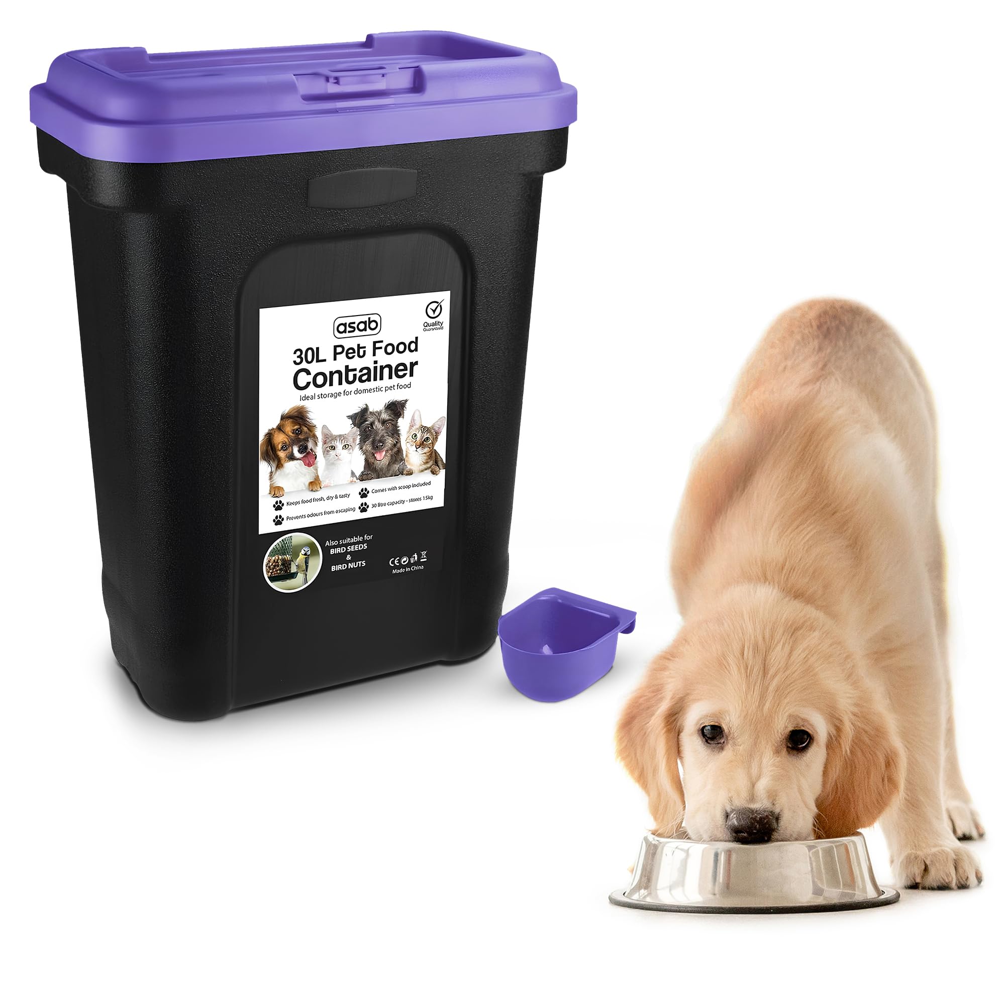 ASAB Pet Food Storage Container Large 30L/15kg Plastic Food Storage Container With Integrated Food Scoop and Flip Top Locking System Perfect for Dog Treats Dog Food and Kitten Food (Purple - Large) — image 1