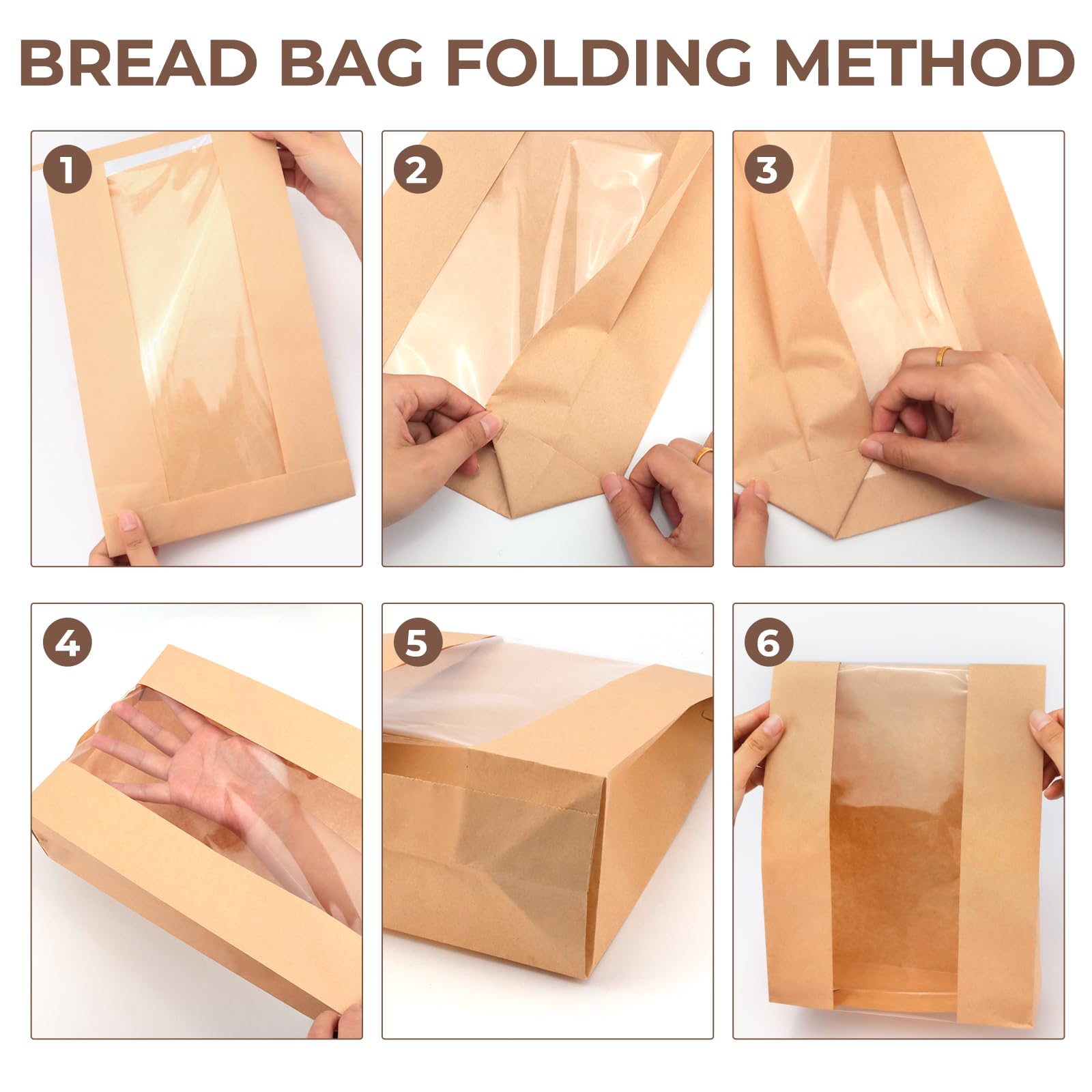 Twdrer Paquete de 50 bolsas grandes de papel kraft para pan con ventana frontal transparente, cierre de pestaña de estaño, bolsas de embalaje de café para panadería, café, galletas, con 60 etiquetas