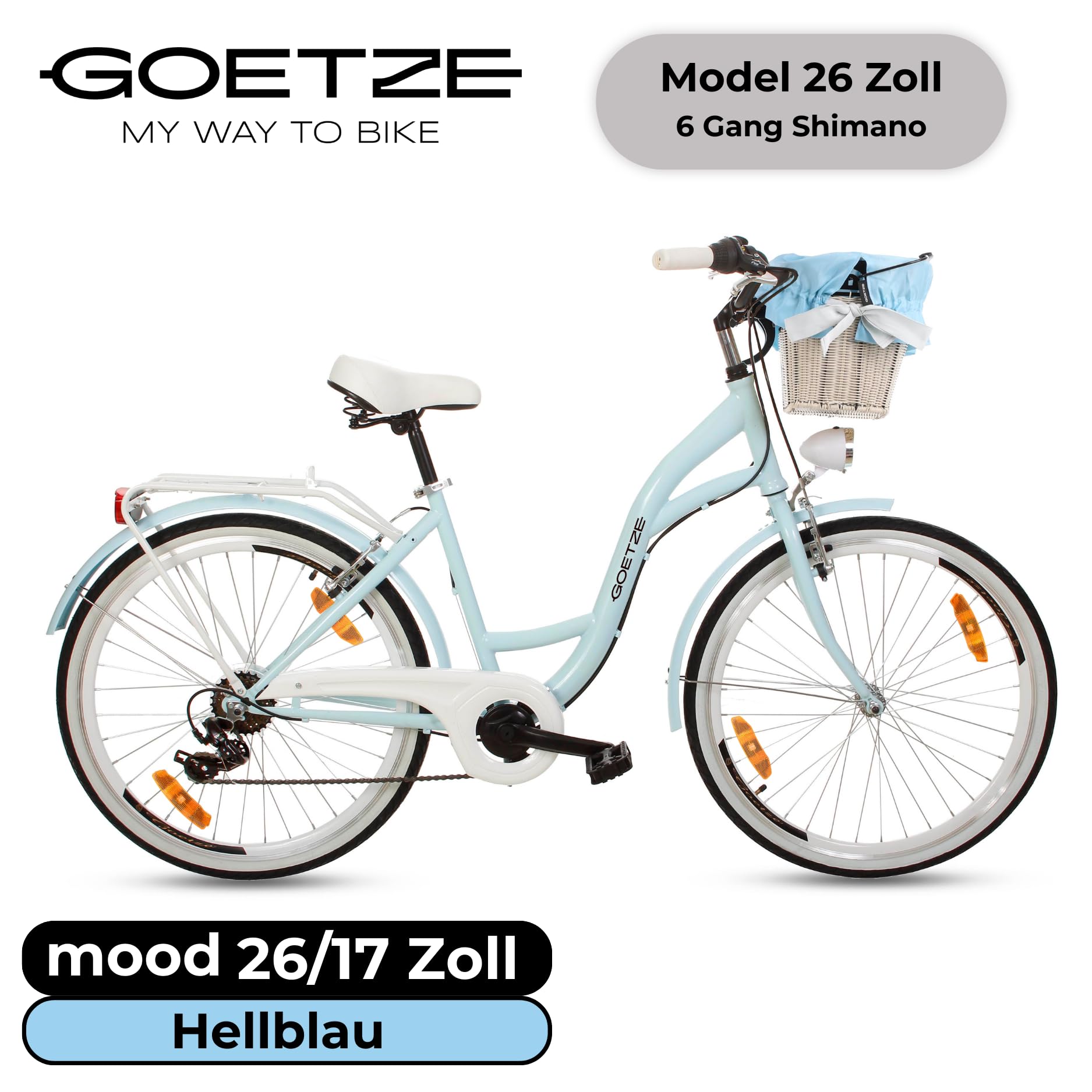 Goetze Mood 26 Zoll Jugendfahrrad, 17 Zoll Tiefeinsteiger Stahlrahmen, 6-Gang Kettenschaltung, doppelte V-Bremsen, LED-Beleuchtung, Rattankorb, Komfortsattel, mit Seitenständer & Klingel
