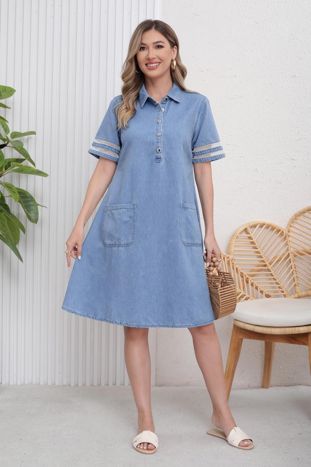 utcoco Denim Dress for Women 2025 Casual Tulle Short Sleeve Button Jean Midi Dress with Pockets - Image 7