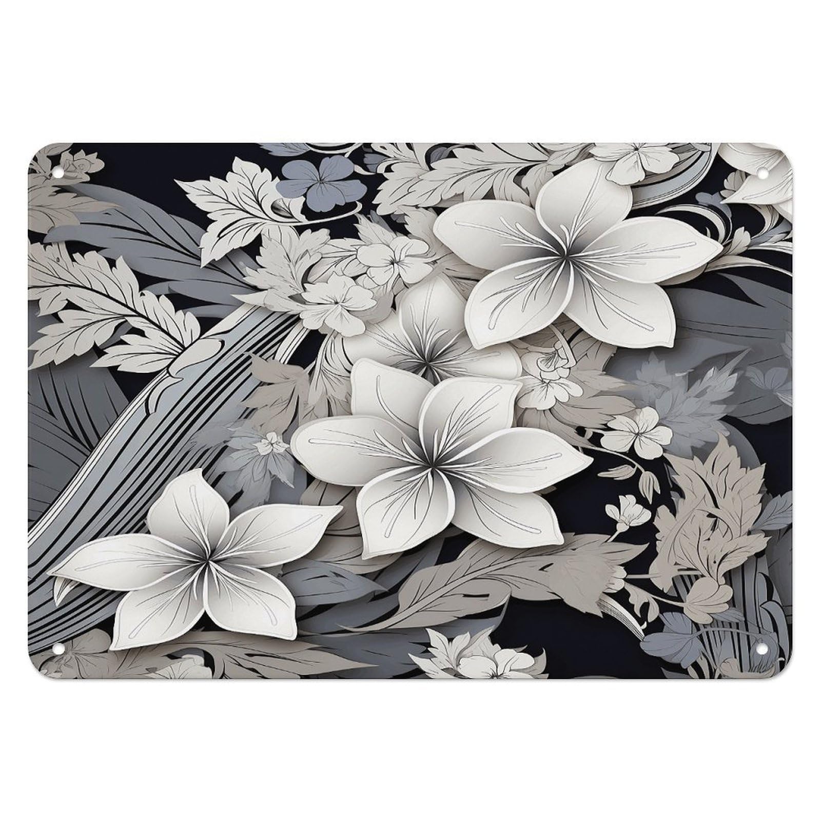 Fodpand Style Intricate Black And White Tropical Flowers Pattern Retro Vintage Metal Tin Sign,Wall Art Decor Garden Plaque Poster For Bedrooms Yard Bars Pubs Patios Porches 7.9X5.5 Inch