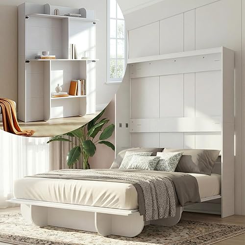 CECER Queen Size Wall Murphy Bed with Storage Shelf，Queen Wall Beds Cabinet Beds with Bookshelf，Space-Saving Queen Murphy Cabinet Bed for Guest Room/Bedroom-White