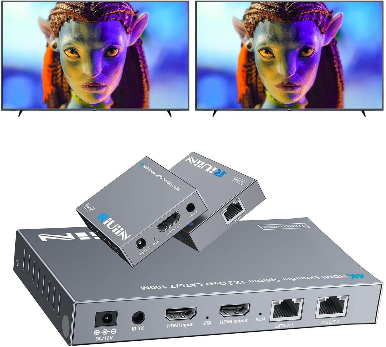 HDMI Extender Splitter Over Cat6/7 up to 100M(328fts), 4K@30Hz HDMI Splitter Extender 1x2 with POC, IR Control, EDID, Loop Out, Lossless Transmission and Zero Latency