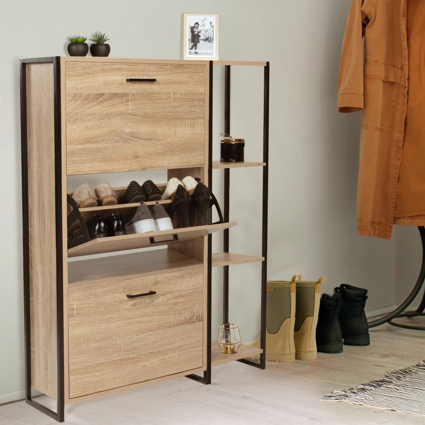 IDMarket Luis - Mueble para zapatos (18 pares, 3 puertas, con estante de diseño industrial