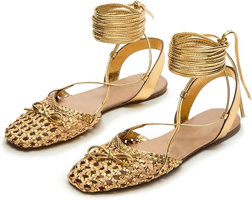 Gold Lace Up Ballet Flats Sandals for Women Woven Strappy Flats Sandals Ballerina Heels Cute Bow Dressy Closed Square Toe Summer Flat Shoes with Bowknot Tie Up Sandal Beach Party Wearing,Size 10