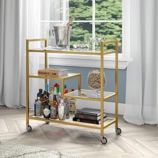 LINGWEI Gold Metal Serving Cart with Glass and lockable wheels | LINGWEI 3-Tier Food Serving Trolley for Home, Restaurant, and Hospitality 1.3cm Metal Frame Bar Cart for Kitchen Storage Gold