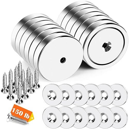 Miniatura 12 de DIYMAG 4 imanes de neodimio con base redonda de neodimio, imanes fuertes de tierras raras con agujero avellanado resistente y tornillos inoxidables
