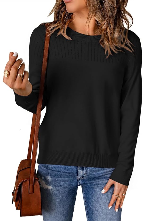 Fall Sweaters for Women 2025 Crew Neck Long Sleeve Crochet Pullover Sweater Tops Lightweight Ribbed Knit Pullover