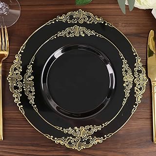 Efavormart 10 Pack | Black/Gold Baroque 8" Round Plastic Dessert Salad Plates, Disposable Tableware with Leaf Embossed Gold Rim