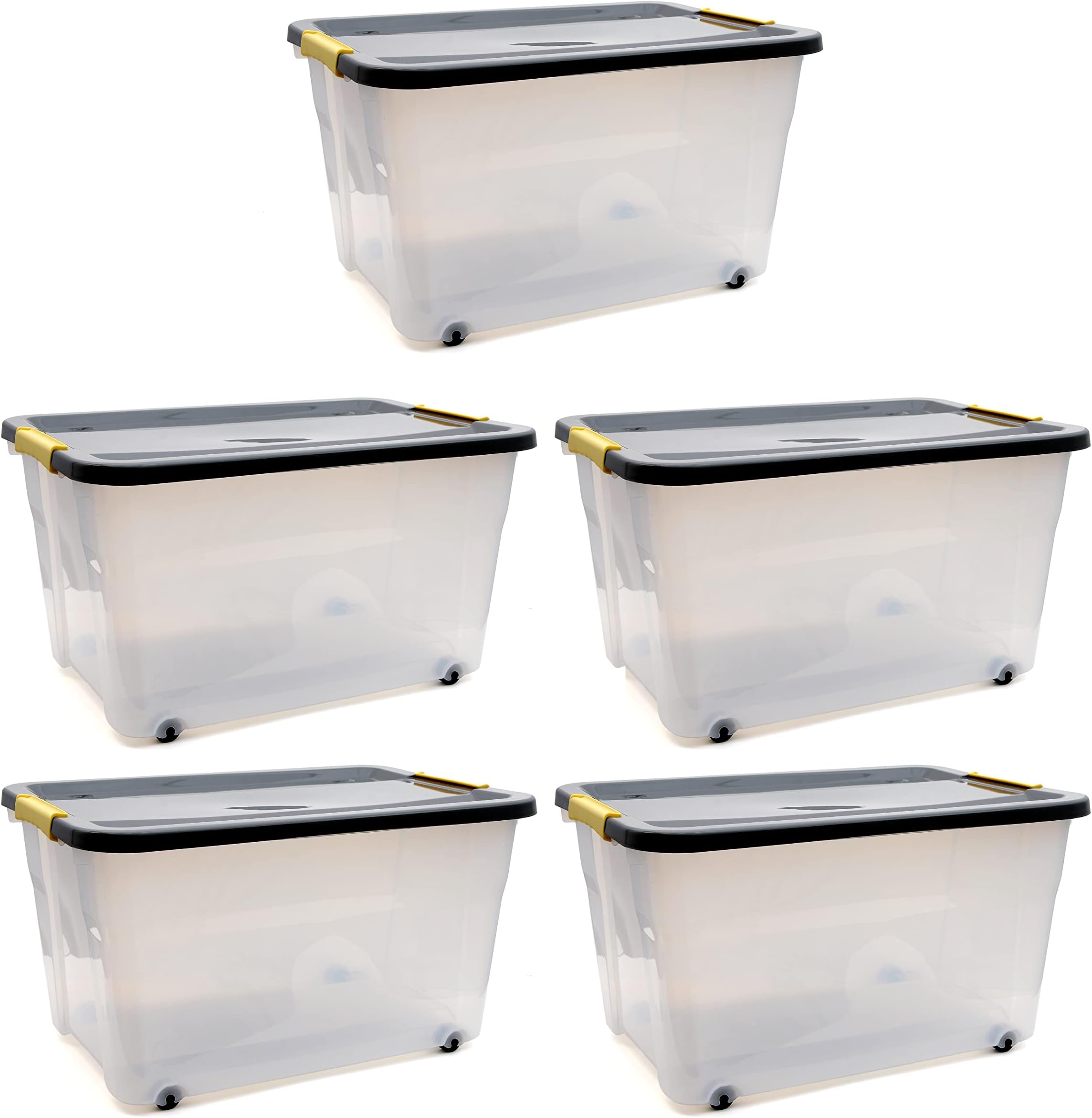5 Pack 35 Litre Large Plastic Container Multipurpose Stackable Storage Box with Lid, Handles, & Wheels