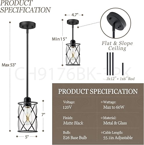 Miniatura 3 de CH9176BK-3PK - Luces colgantes de cristal para isla de cocina, paquete de 3, iluminación colgante de cocina negra sobre la isla con varilla, moderna