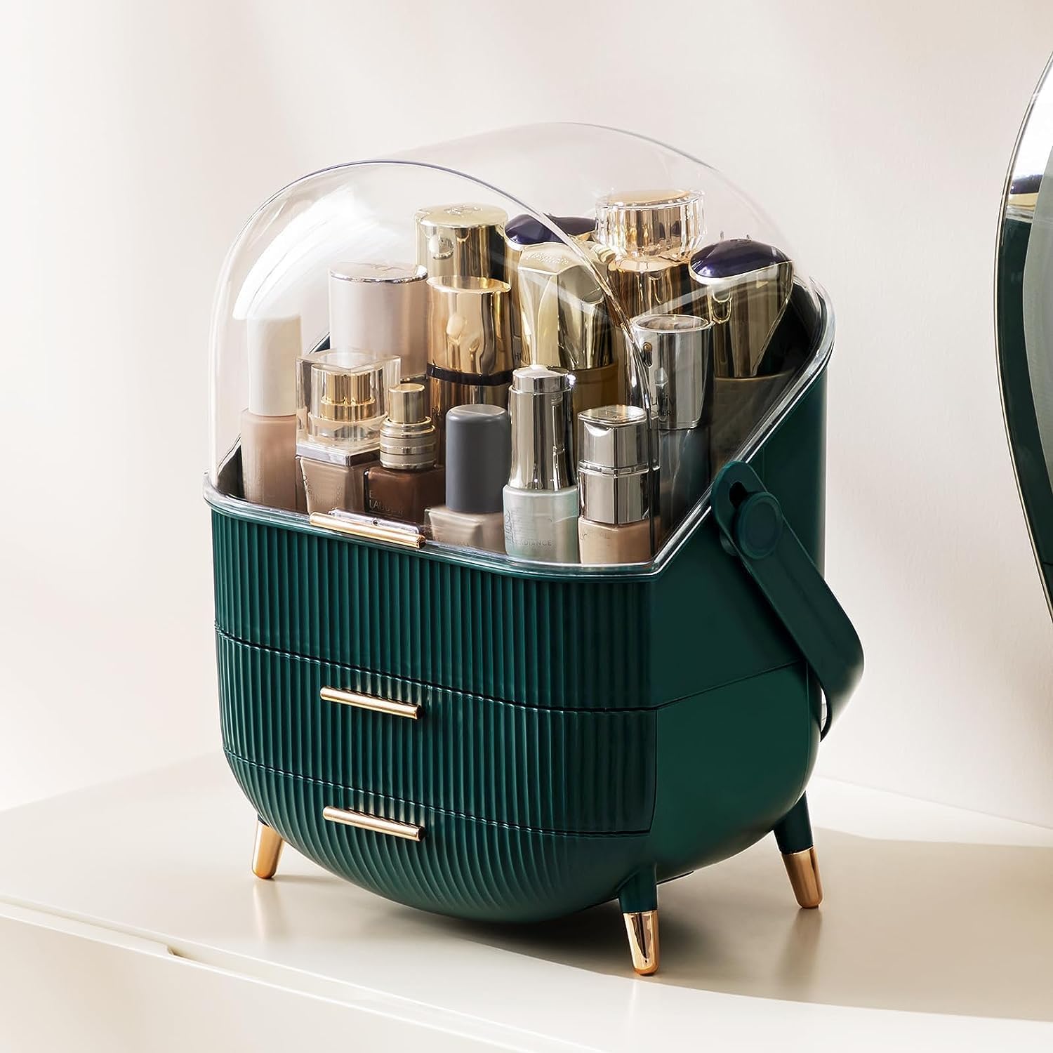 Kousee Custodia multifunzione per cosmetici, antipolvere, organizer per prodotti per la cura della pelle, organizer per gioielli, scatola per finitura per camera da letto, bagno, scrivania, verde