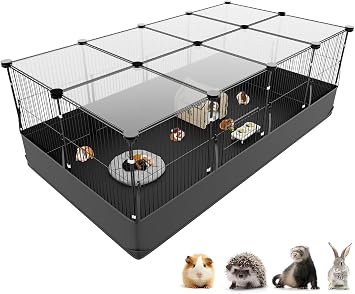 Aystkniet Rabbit Run, Hamster Playpen with Waterproof Bottom Liner, Small Animal Cage for Guinea Pig, Turtle, Hedgehog,Kitten Gerbil, Pet Fence for Indoor and Outdoor Black with Cover