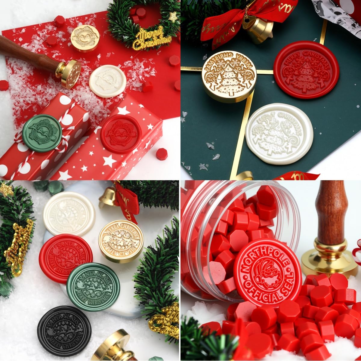 Christmas Wax Seal Kit - 1450pcs 4Mixed Color Sealling Wax Beads, Wax Warmer, 2pcs Spoon &1pcs Tweezers,2pcs Wax Pens and 20pcs Tealight Candles for Envelopes, Letters, Crafts, Gift (Christmas) image 4