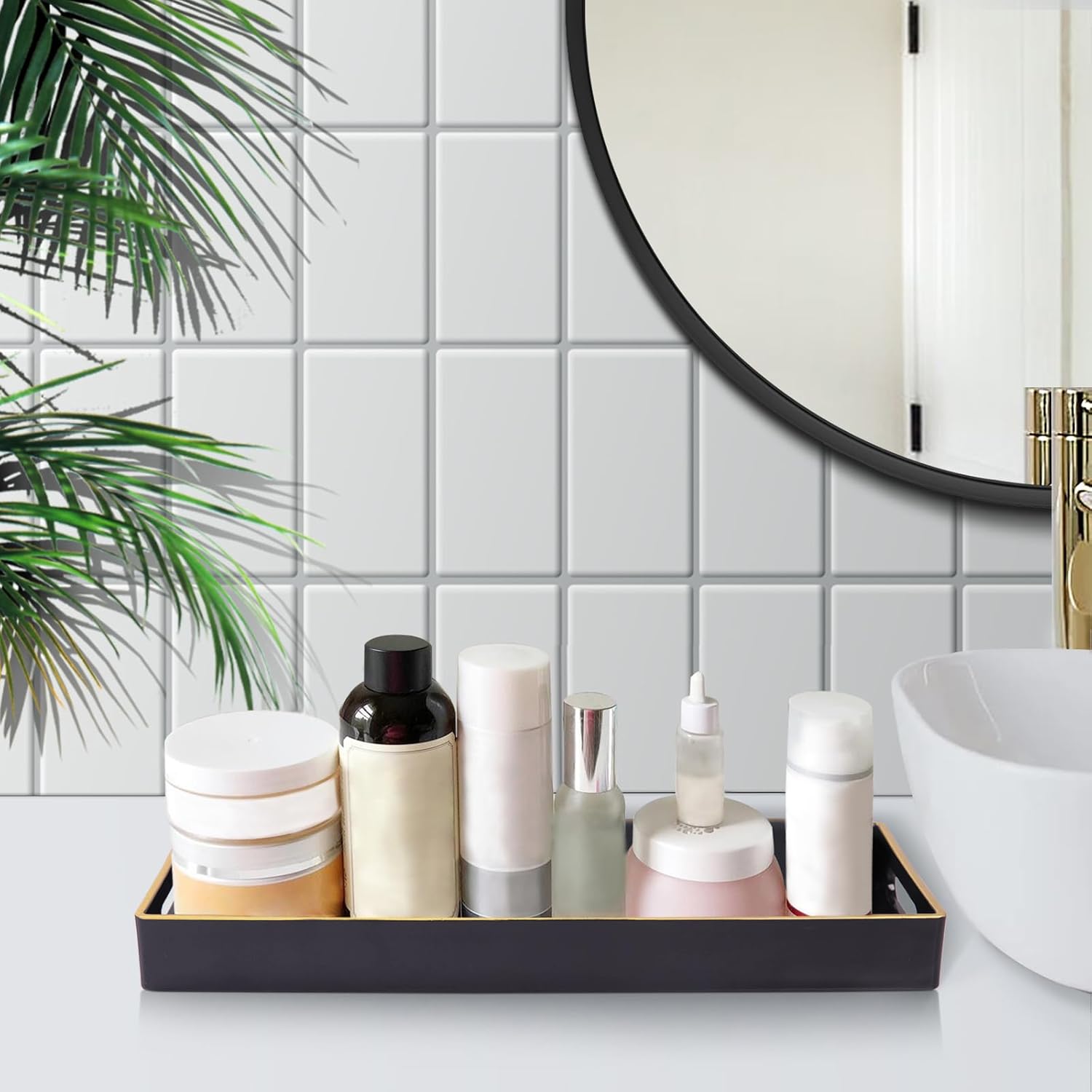 MAONAME Black Bathroom Tray, Plastic Vanity Tray, Narrow Countertop Trays with Handles, Perfume Organizer Trays for Dresser, Bathroom Accessories, 13.8" x 6" x 1.59" - Image 2