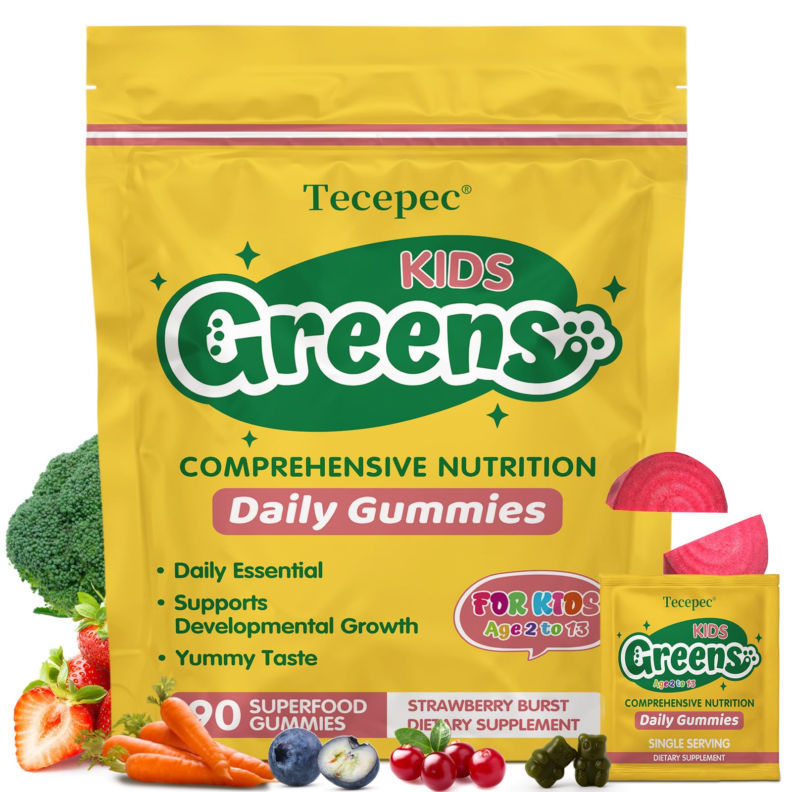 Tecepec Polivitamínico infantil em gomas com espirulina, clorela, prebióticos e fibras, 90 gomas