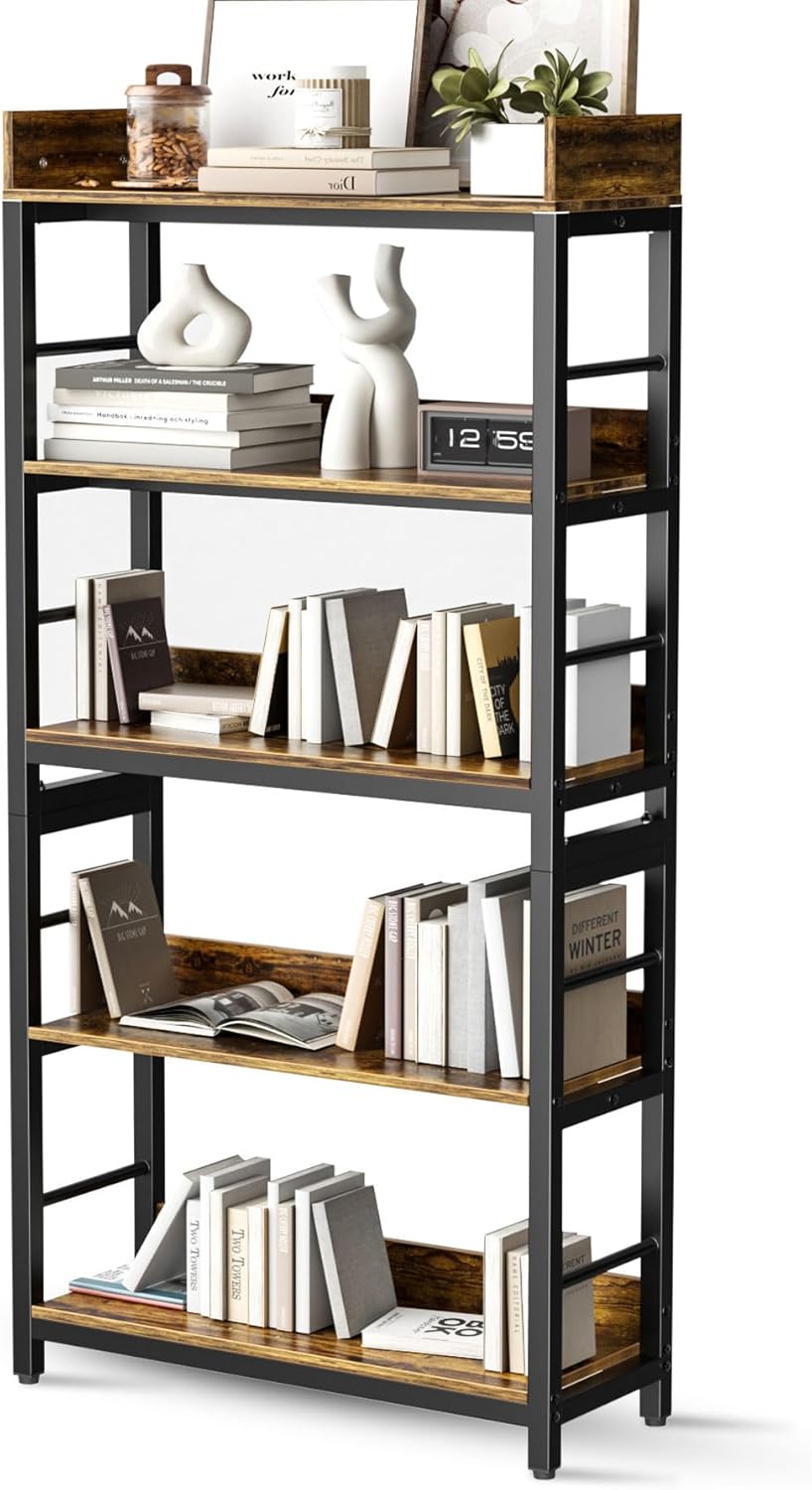 Aquzee Bookshelf, 66″ H 5-Tiers Heavy Duty Industrial Shelving Wood & Metal Bookcase, Rustic and Black Tall Shelf Units for Home, Office, Living Room