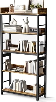 Aquzee Bookshelf, 66" H 5-Tiers Heavy Duty Industrial Shelving Wood & Metal Bookcase, Rustic and Black Tall Shelf Units for Home, Office, Living Room
