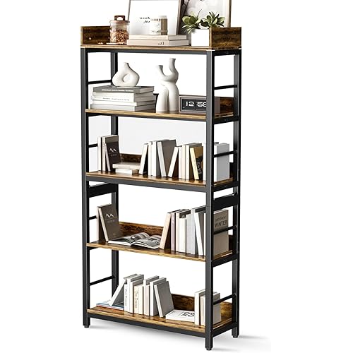 Aquzee Bookshelf, 66" H 5-Tiers Heavy Duty Industrial Shelving Wood & Metal Bookcase, Rustic and Black Tall Shelf Units for Home, Office, Living Room