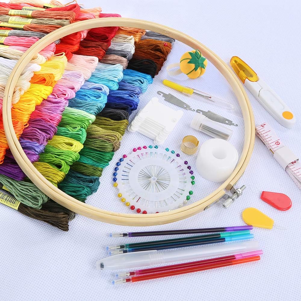 Caydo Hand Embroidery Kit with 100 Colors Threads, 40 Sewing Pins, 3 Pieces Aida Cloth, Instructions, Embroidery Hoops and Cross Stitch Tools for Adults and Kids Beginners