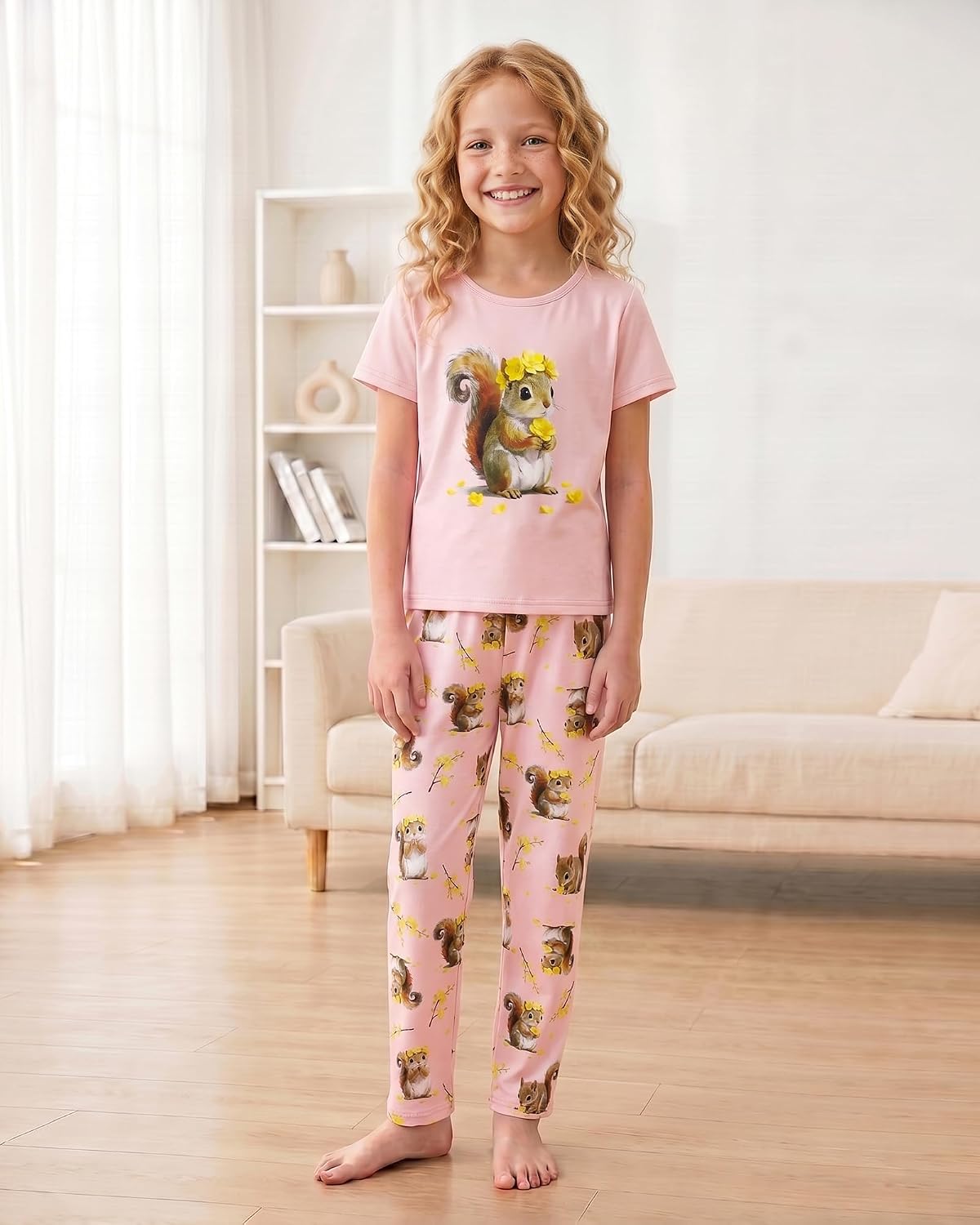 MyFav Girls Pajama Sets 3pcs Crew Neck Short Sleeve Top Shorts & Long Pants With Cute Patterns Sleepwear Nighty For Teens image 3