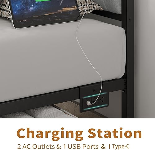 Miniatura 5 de Base de cama individual con luces LED y estación de carga, base de cama de plataforma metálica con cabecero tapizado, no necesita somier, sin ruido,