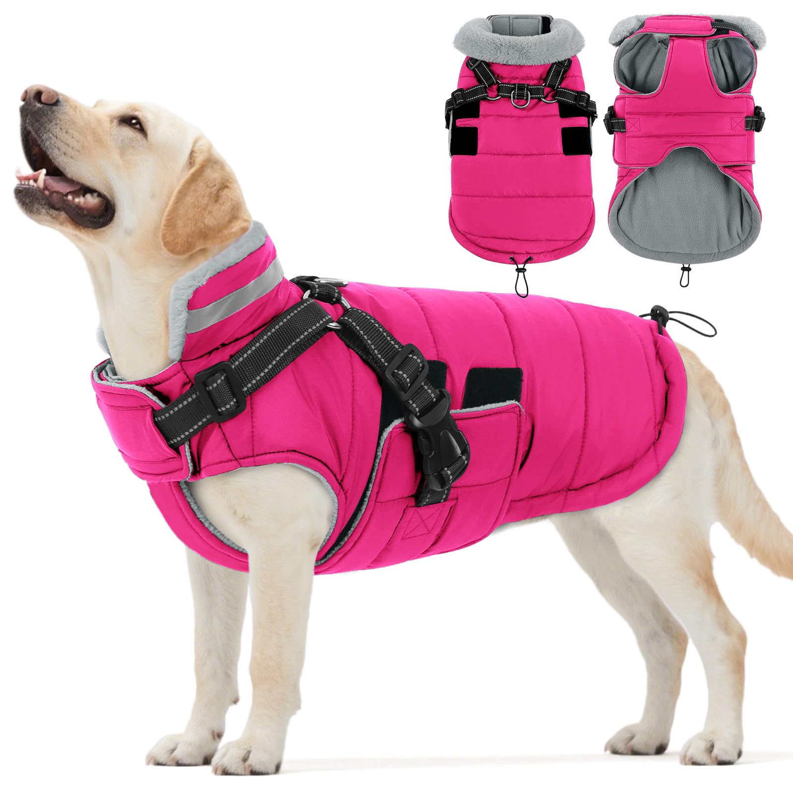 ASENKU XL Large Dog Waterproof Windproof Winter Coat with Built-in Harness – Fleece Lined Reflective Jacket for Golden Retriever Labrador, UK Daily Walks Rainy Outdoor
