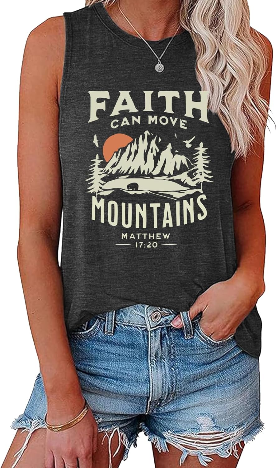 LOOKFACE Women's Crewneck Sleeveless Tank Top with Faith Can Move Graphic Print Cute Tunics