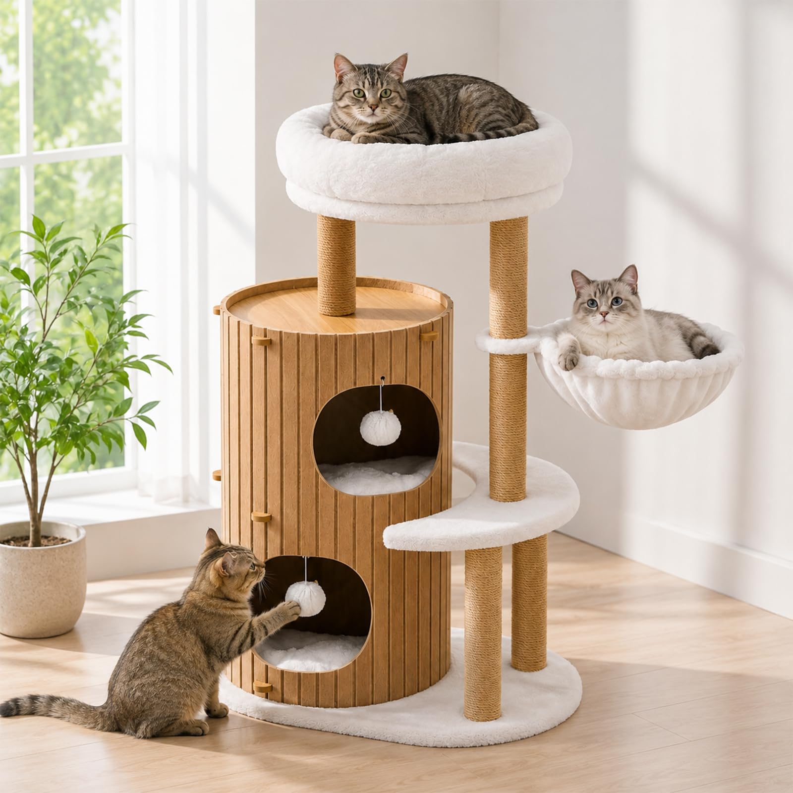 Premium kratzbaum mit 2er Kratztonne, Katzenbaum＆Große Plattformen | Sisalstämme, Kratzrampe, Katzenhaus, Plüschbälle und Katzenbürste für große Katzen