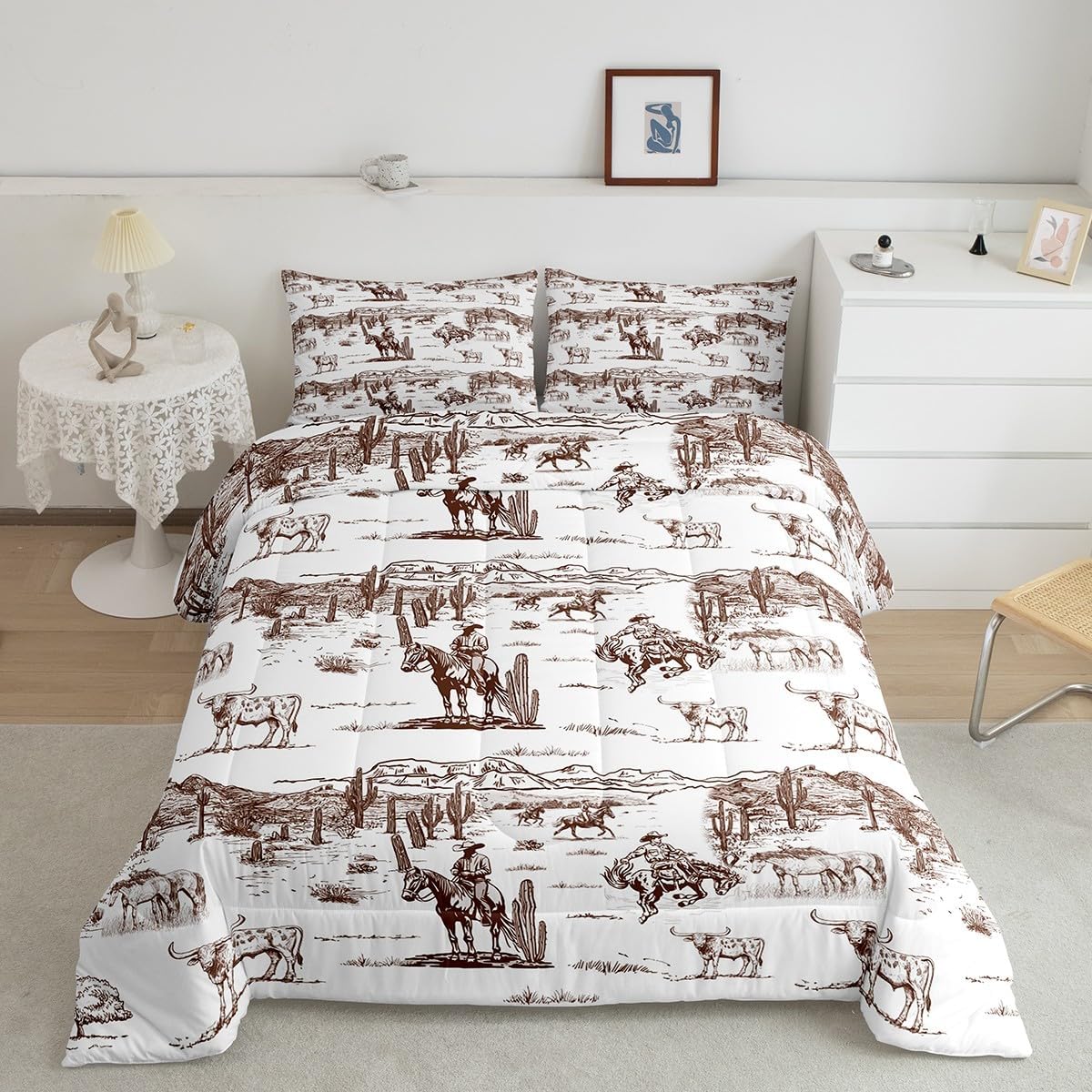 Western Cowboy Bedding Set Twin Size,Vintage Southwest Style Comforter Set Desert Cactus Cow Horse Animals Quilt Set for Kids Boys Girls Adult Room Decor,Sketch Brown White Duvet Insert 2Pcs