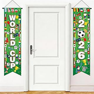 AhfuLife World Cup Soccer 2026 Hanging Porch Banner for Party Decorations, 2 Pcs World Cup Themed Hanging Couplet for Porch Door Soccer Party, Sports Events, Bar, Street, Home Decorations