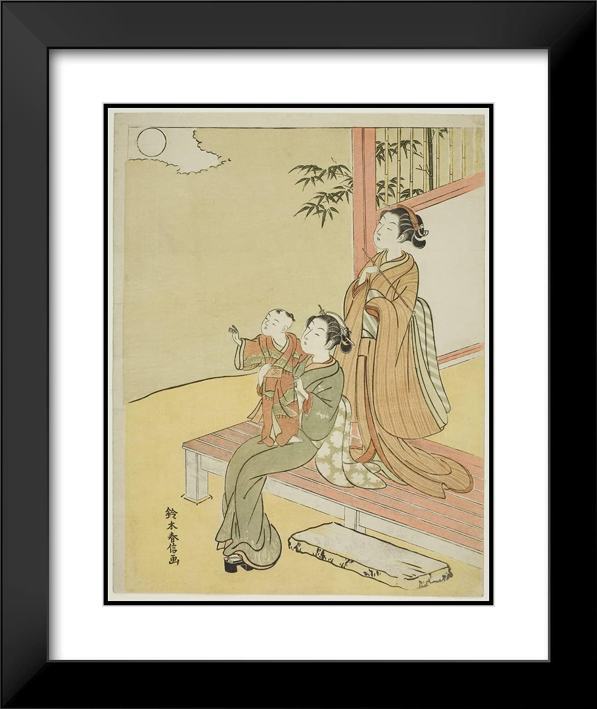 ArtDirect Suzuki Harunobu 20x24 Black Modern Framed and Double Matted Art Print Titled Viewing The Moon
