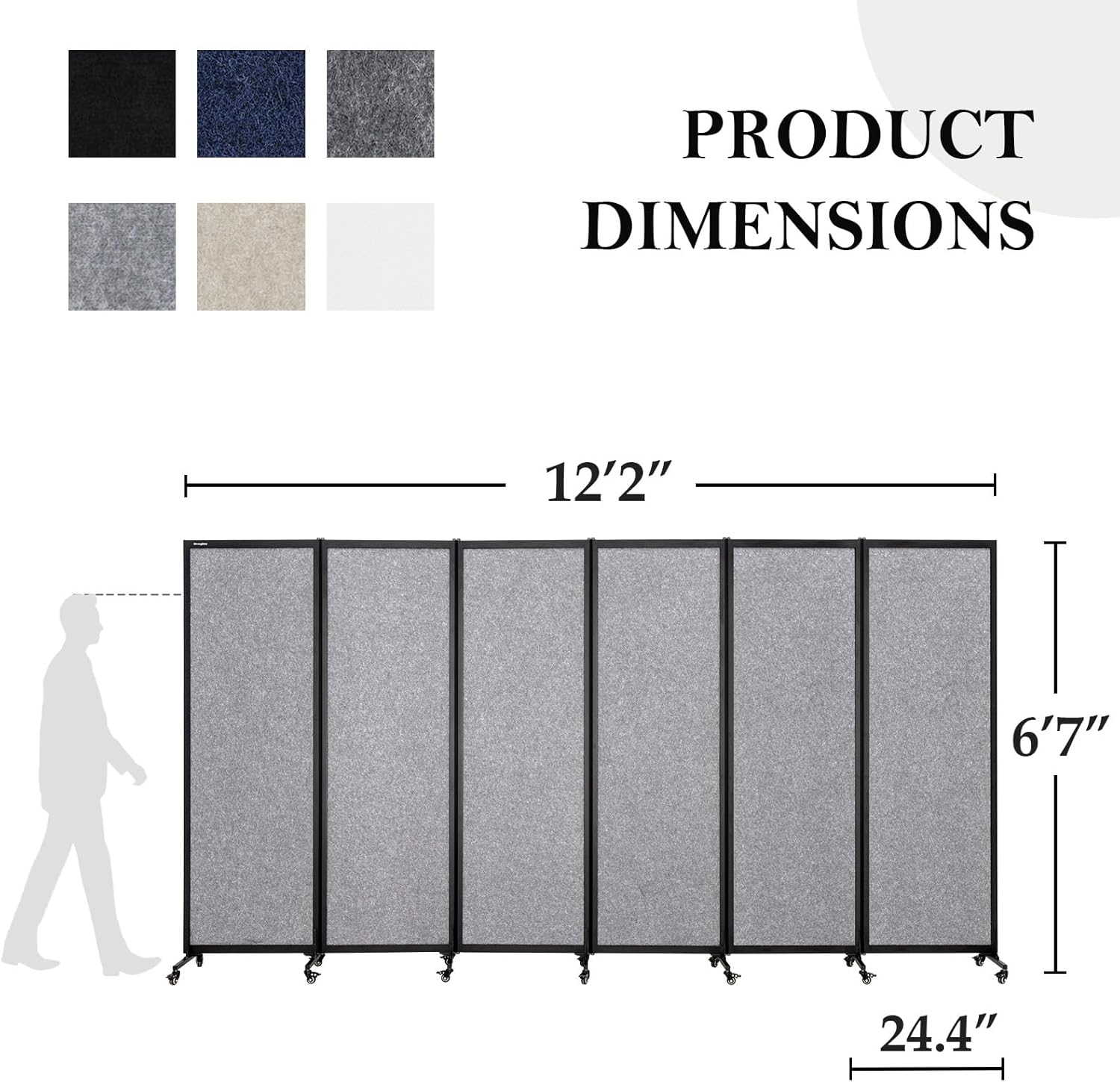upgrade version room partition and divider, freestanding rolling dividers with wheels,office privacy screen divider wall,classroom felt dividers,12'2"l* 6'7"h,6 panel?light grey light grey 6