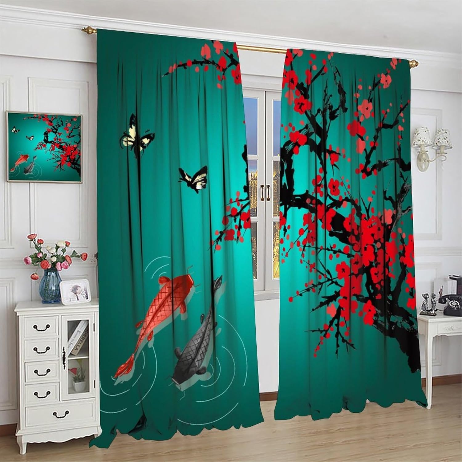 Japanese Koi Fish Curtains,Cherry Blossom Yin Yang Black and Red Big Wave Koi Asian Style Room Window Rod Pocket Curtain for Bedroom Kitchen Living Room 42x45inch Blackout