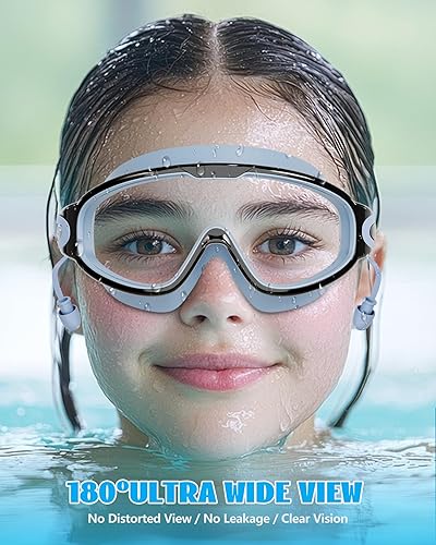 Miniatura 7 de Aegend Paquete de 2 gafas de natación de visión amplia, antivaho, UV, sin fugas, con tapones para los oídos para niños de 3 a 14 años