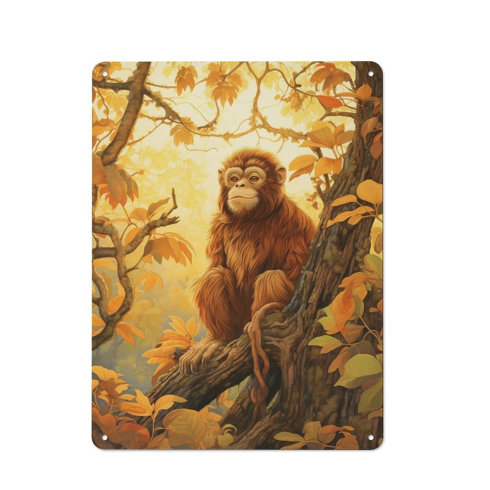 Monkey in Jungle Warehouse Style Metal Wall Decor 40x30cm, Metal Wall Sign for Workspace, Cafe, Hallway Or Garage