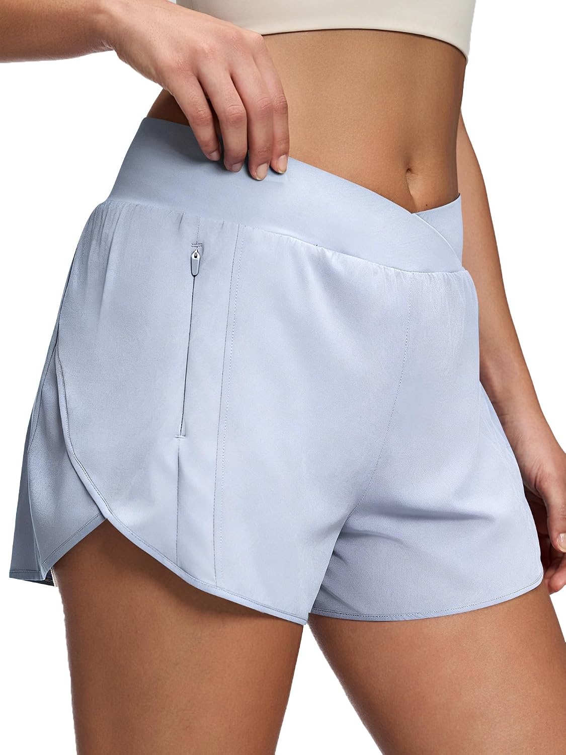 MCEDAR Women's Athletic Running Shorts High Waisted Crossover, Zip Pockets, Quick Dry & Breathable, Lightweight Workout Short