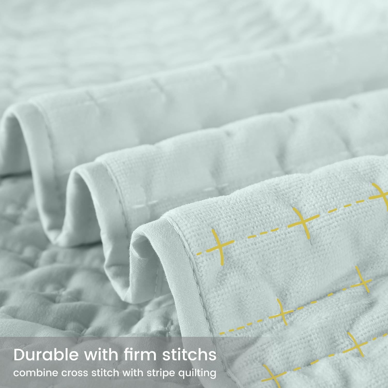 Velvet Quilt Queen Size, Luxurious Quilted Bedspread Bedding Set, Ultra Soft Cozy Coverlet with Brushed Back, Lightweight Reversible Comforter for All Season, Pale Blue