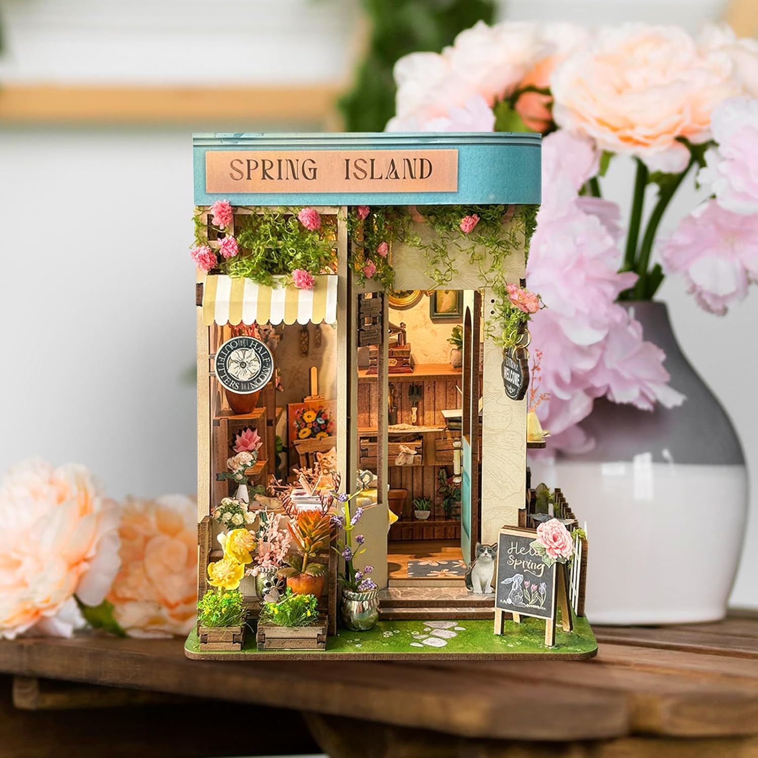 Book Nook Kit - DIY Miniature House Kit for Adults, Teens & Beginners, Spring Flower Shop Dollhouse Booknook Tiny House Bookshelf Decor 3D Wooden Puzzle, Gifts for Family, Friends